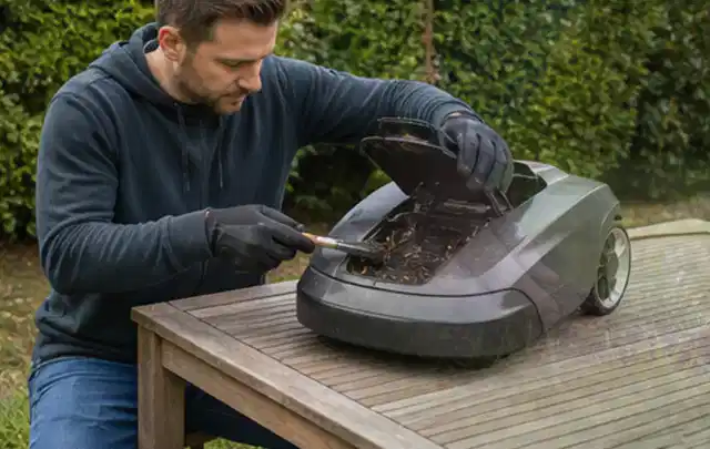 Person wartet einen geöffneten Mähroboter auf einem stabilen Gartentisch; Thema Holzspalter, Schwerpunkt Nachhaltigkeit; Kontrolle.