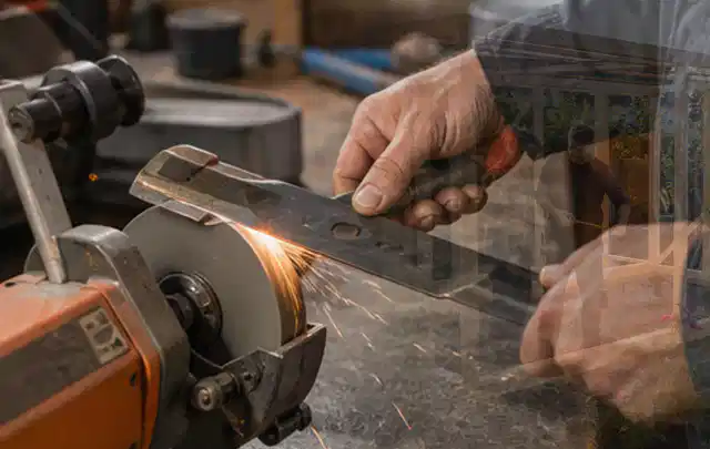 Person schärft ein ausgebautes Rasenmähermesser an einer Werkbank; Thema Holzspalter, Schwerpunkt Reinigung; Kontrolle.