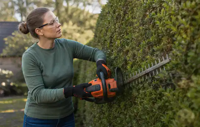 Person schneidet eine dichte Gartenhecke mit Schutzbrille und sicherem Stand; Thema Holzspalter, Schwerpunkt Reinigung; Praxisalltag.