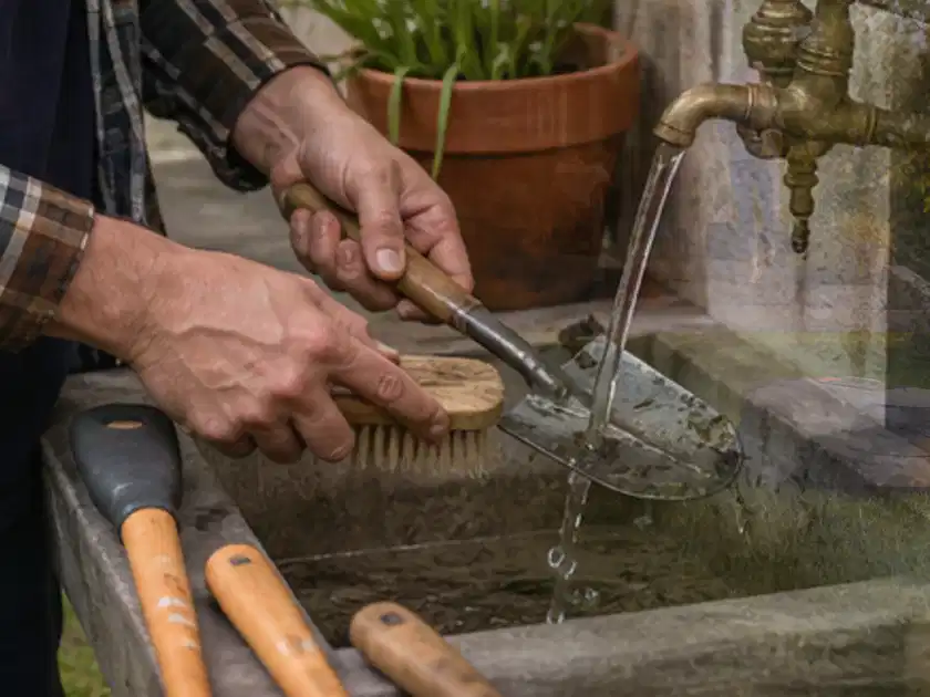 Hände reinigen gebrauchte Gartengeräte mit Bürste und Wasser am Außenbecken; Thema Holzspalter, Schwerpunkt Reparatur; Titelbild.