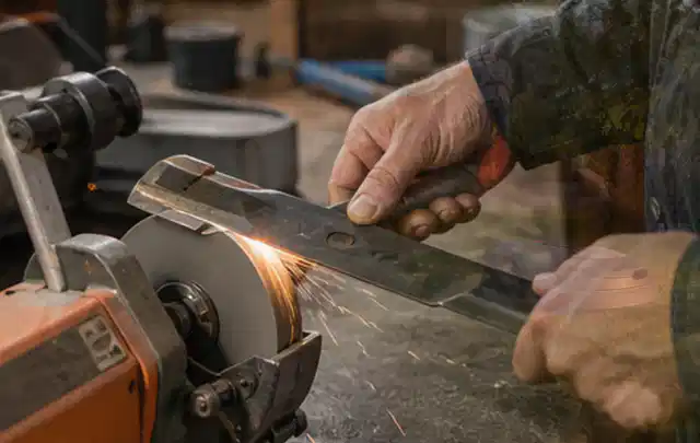 Person schärft ein ausgebautes Rasenmähermesser an einer Werkbank; Thema Holzspalter, Schwerpunkt Reparatur; Ausgangslage.