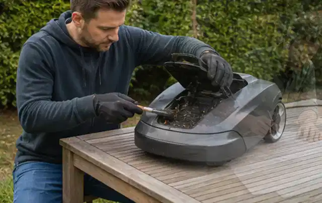 Person wartet einen geöffneten Mähroboter auf einem stabilen Gartentisch; Thema Holzspalter, Schwerpunkt Reparatur; Umsetzung.