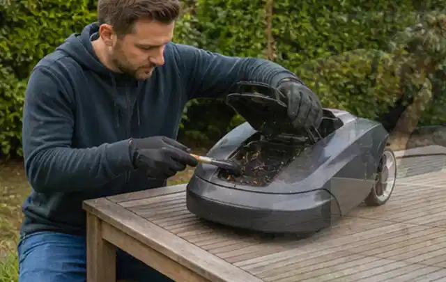 Person wartet einen geöffneten Mähroboter auf einem stabilen Gartentisch; Thema Holzspalter, Schwerpunkt Sicherheit; Umsetzung.