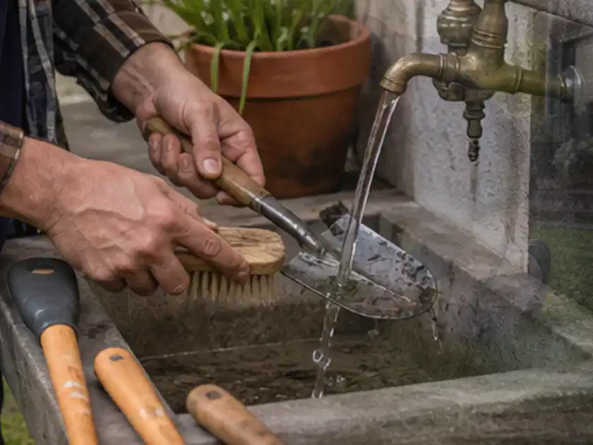 Hände reinigen gebrauchte Gartengeräte mit Bürste und Wasser am Außenbecken; Thema Holzspalter, Schwerpunkt Systemvergleich; Titelbild.