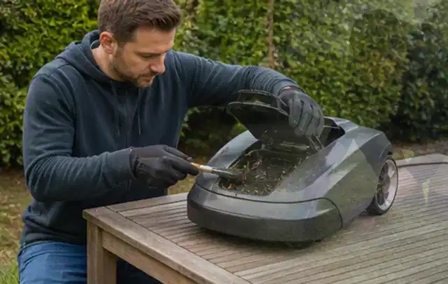 Person wartet einen geöffneten Mähroboter auf einem stabilen Gartentisch; Thema Holzspalter, Schwerpunkt Systemvergleich; Ausgangslage.