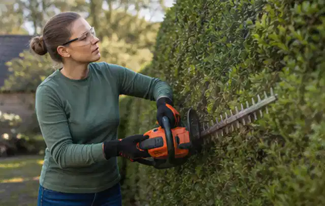 Person schneidet eine dichte Gartenhecke mit Schutzbrille und sicherem Stand; Thema Holzspalter, Schwerpunkt Systemvergleich; Praxisalltag.