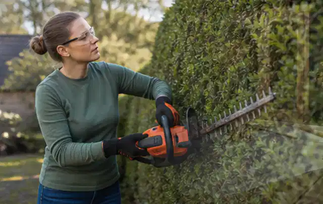 Person schneidet eine dichte Gartenhecke mit Schutzbrille und sicherem Stand; Thema Holzspalter, Schwerpunkt Wartung; Ausgangslage.