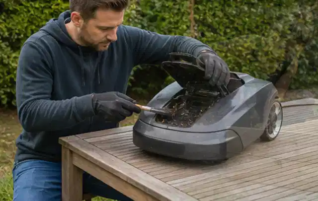 Person wartet einen geöffneten Mähroboter auf einem stabilen Gartentisch; Thema Holzspalter, Schwerpunkt Winterlager; Praxisalltag.