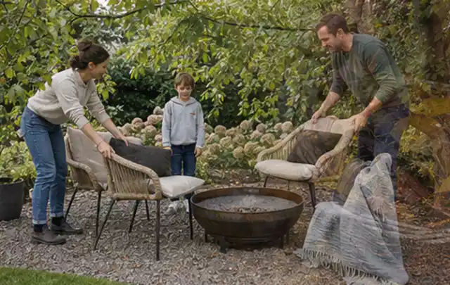 Familie stellt wetterfeste Sessel an einem geschützten Sitzplatz im Garten auf; Thema Holzzäune, Schwerpunkt Aufbau; Umsetzung.