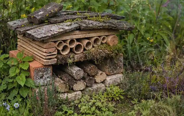 Naturnaher Unterschlupf aus Holz Rinde und Pflanzenstängeln im Garten; Thema Holzzäune, Schwerpunkt Aufbau; Praxisalltag.