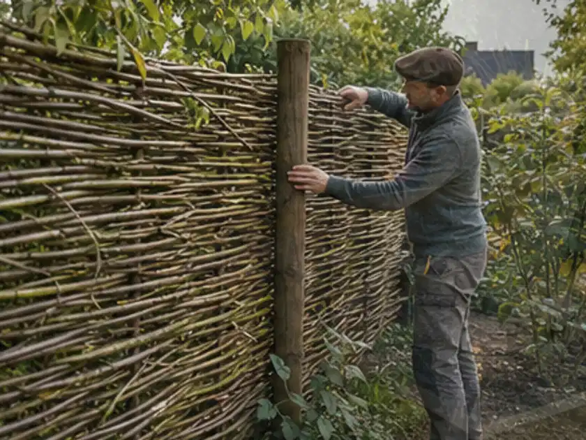 Person befestigt geflochtene Weidenruten an stabilen Holzpfosten im Garten; Thema Holzzäune, Schwerpunkt Baurecht; Titelbild.
