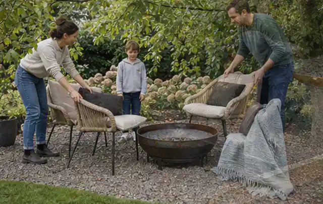 Familie stellt wetterfeste Sessel an einem geschützten Sitzplatz im Garten auf; Thema Holzzäune, Schwerpunkt Baurecht; Ausgangslage.