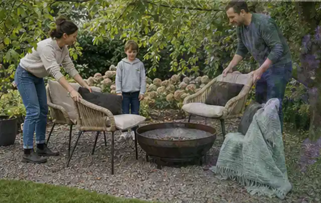 Familie stellt wetterfeste Sessel an einem geschützten Sitzplatz im Garten auf; Thema Holzzäune, Schwerpunkt Checkliste; Ausgangslage.