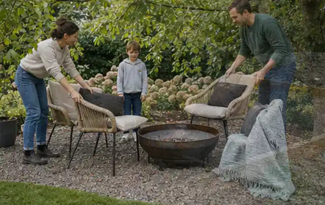Familie stellt wetterfeste Sessel an einem geschützten Sitzplatz im Garten auf; Thema Holzzäune, Schwerpunkt DIY; Umsetzung.