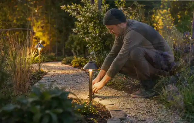 Person richtet eine niedrige warm leuchtende Gartenlampe am Kiesweg aus; Thema Holzzäune, Schwerpunkt DIY; Ergebnis.