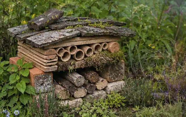 Naturnaher Unterschlupf aus Holz Rinde und Pflanzenstängeln im Garten; Thema Holzzäune, Schwerpunkt DIY; Praxisalltag.