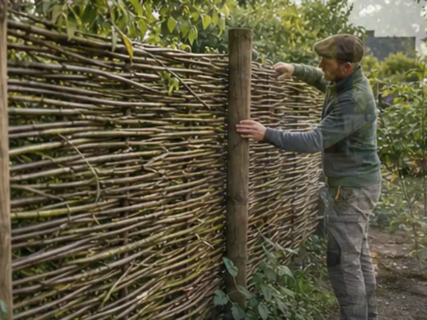 Person befestigt geflochtene Weidenruten an stabilen Holzpfosten im Garten; Thema Holzzäune, Schwerpunkt Fehlerhilfe; Titelbild.