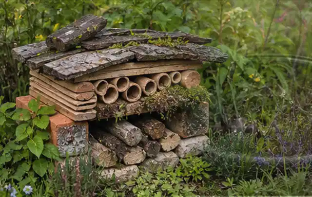 Naturnaher Unterschlupf aus Holz Rinde und Pflanzenstängeln im Garten; Thema Holzzäune, Schwerpunkt Fehlerhilfe; Kontrolle.