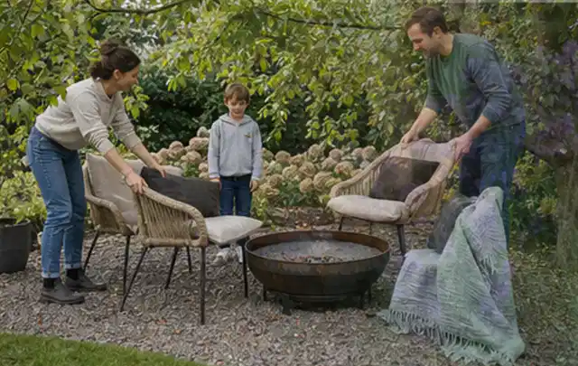 Familie stellt wetterfeste Sessel an einem geschützten Sitzplatz im Garten auf; Thema Holzzäune, Schwerpunkt Fehlerhilfe; Praxisalltag.