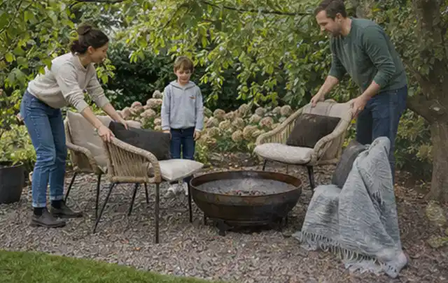 Familie stellt wetterfeste Sessel an einem geschützten Sitzplatz im Garten auf; Thema Holzzäune, Schwerpunkt Fundament; Ausgangslage.