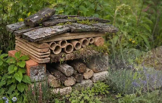 Naturnaher Unterschlupf aus Holz Rinde und Pflanzenstängeln im Garten; Thema Holzzäune, Schwerpunkt Fundament; Umsetzung.