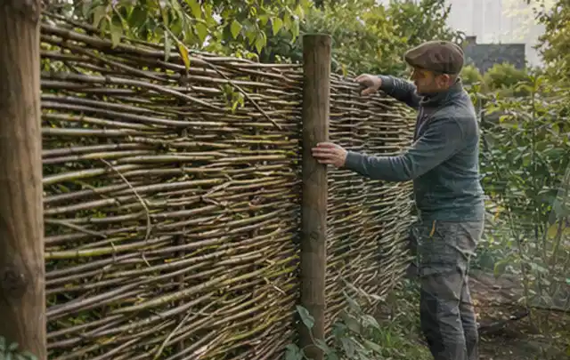 Person befestigt geflochtene Weidenruten an stabilen Holzpfosten im Garten; Thema Holzzäune, Schwerpunkt Fundament; Praxisalltag.