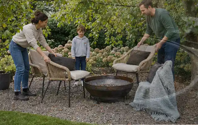 Familie stellt wetterfeste Sessel an einem geschützten Sitzplatz im Garten auf; Thema Holzzäune, Schwerpunkt Gärten mit kleiner Fläche; Ergebnis.