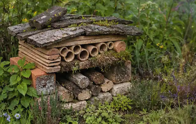 Naturnaher Unterschlupf aus Holz Rinde und Pflanzenstängeln im Garten; Thema Holzzäune, Schwerpunkt Gärten mit kleiner Fläche; Praxisalltag.