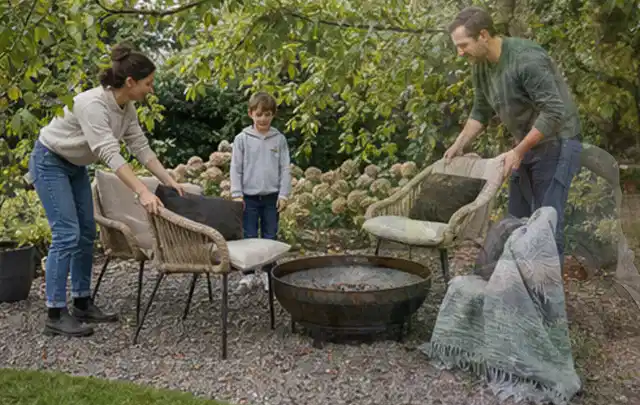 Familie stellt wetterfeste Sessel an einem geschützten Sitzplatz im Garten auf; Thema Holzzäune, Schwerpunkt Gestaltung; Ergebnis.