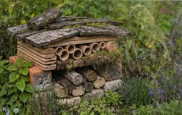 Naturnaher Unterschlupf aus Holz Rinde und Pflanzenstängeln im Garten; Thema Holzzäune, Schwerpunkt Kosten; Ausgangslage.