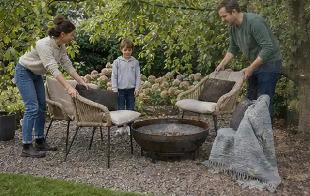 Familie stellt wetterfeste Sessel an einem geschützten Sitzplatz im Garten auf; Thema Holzzäune, Schwerpunkt Kosten; Praxisalltag.