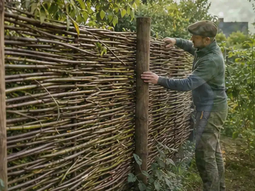 Person befestigt geflochtene Weidenruten an stabilen Holzpfosten im Garten; Thema Holzzäune, Schwerpunkt Materialwahl; Titelbild.