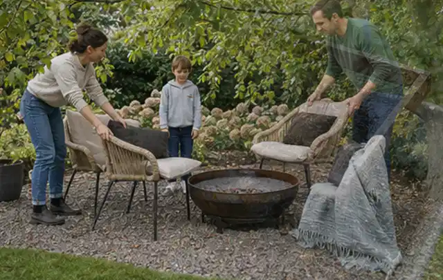 Familie stellt wetterfeste Sessel an einem geschützten Sitzplatz im Garten auf; Thema Holzzäune, Schwerpunkt Materialwahl; Ausgangslage.