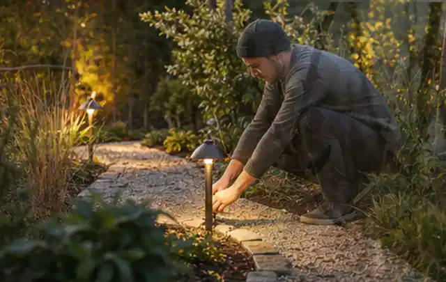 Person richtet eine niedrige warm leuchtende Gartenlampe am Kiesweg aus; Thema Holzzäune, Schwerpunkt Materialwahl; Kontrolle.