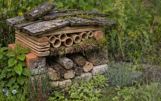 Naturnaher Unterschlupf aus Holz Rinde und Pflanzenstängeln im Garten; Thema Holzzäune, Schwerpunkt Nachhaltigkeit; Ausgangslage.