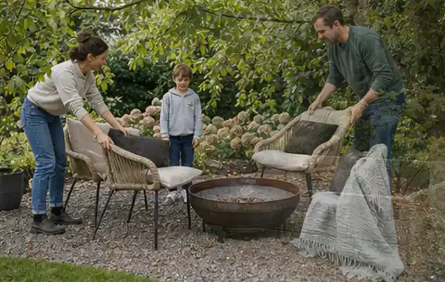 Familie stellt wetterfeste Sessel an einem geschützten Sitzplatz im Garten auf; Thema Holzzäune, Schwerpunkt Nachhaltigkeit; Praxisalltag.