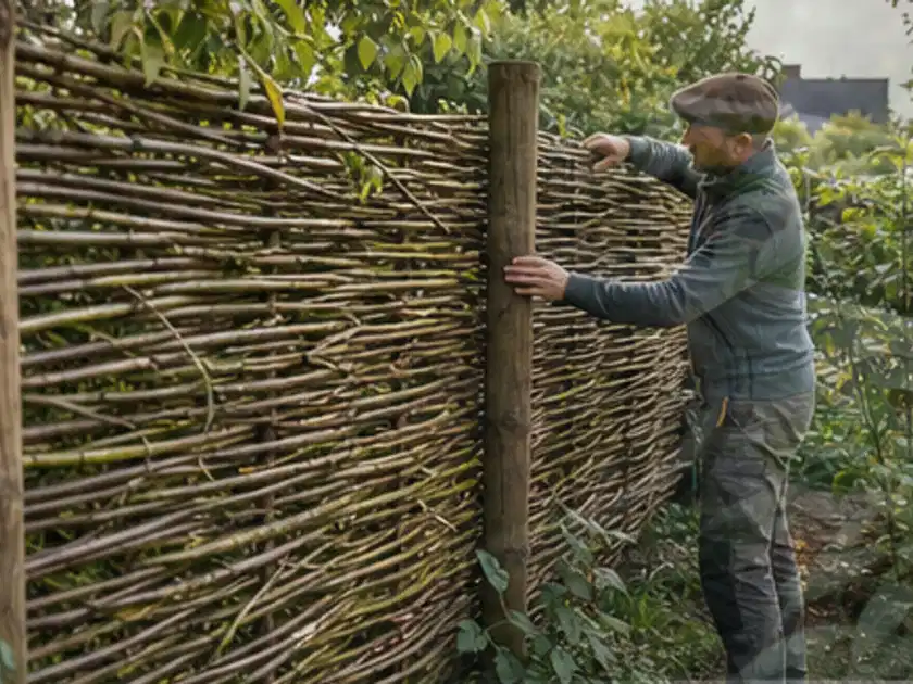 Person befestigt geflochtene Weidenruten an stabilen Holzpfosten im Garten; Thema Holzzäune, Schwerpunkt Pflege; Titelbild.