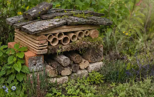 Naturnaher Unterschlupf aus Holz Rinde und Pflanzenstängeln im Garten; Thema Holzzäune, Schwerpunkt Pflege; Umsetzung.
