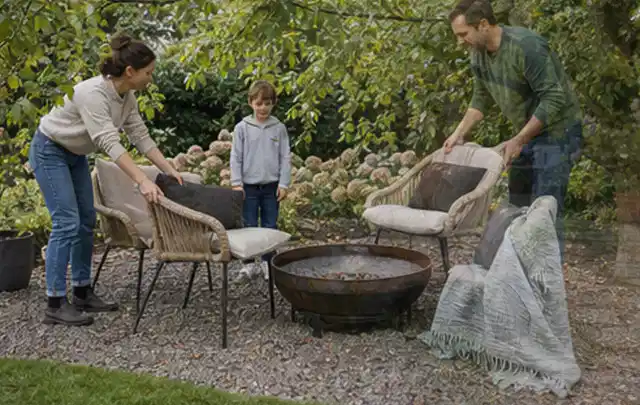 Familie stellt wetterfeste Sessel an einem geschützten Sitzplatz im Garten auf; Thema Holzzäune, Schwerpunkt Planung; Ausgangslage.