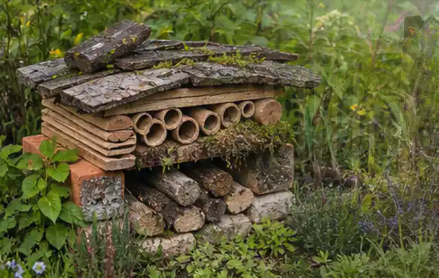 Naturnaher Unterschlupf aus Holz Rinde und Pflanzenstängeln im Garten; Thema Holzzäune, Schwerpunkt Planung; Umsetzung.