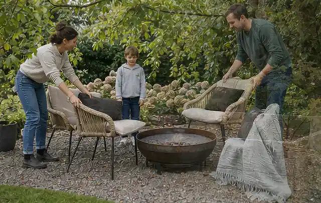 Familie stellt wetterfeste Sessel an einem geschützten Sitzplatz im Garten auf; Thema Holzzäune, Schwerpunkt Sichtschutz; Ausgangslage.