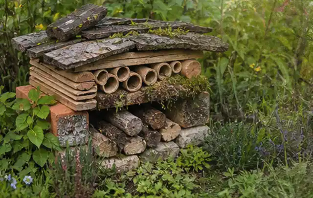 Naturnaher Unterschlupf aus Holz Rinde und Pflanzenstängeln im Garten; Thema Holzzäune, Schwerpunkt Sichtschutz; Ergebnis.