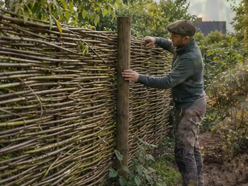 Person befestigt geflochtene Weidenruten an stabilen Holzpfosten im Garten; Thema Holzzäune, Schwerpunkt Winterschutz; Titelbild.