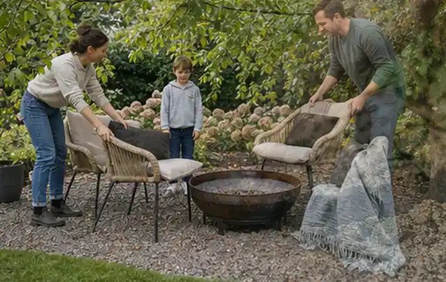 Familie stellt wetterfeste Sessel an einem geschützten Sitzplatz im Garten auf; Thema Holzzäune, Schwerpunkt Winterschutz; Ausgangslage.