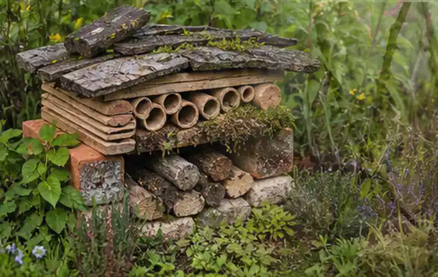 Naturnaher Unterschlupf aus Holz Rinde und Pflanzenstängeln im Garten; Thema Holzzäune, Schwerpunkt Winterschutz; Kontrolle.