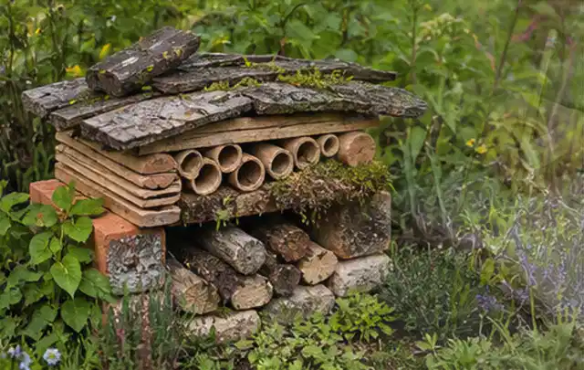 Naturnaher Unterschlupf aus Holz Rinde und Pflanzenstängeln im Garten; Thema Hornissen, Schwerpunkt Bestimmung; Ergebnis.