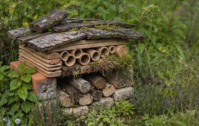 Naturnaher Unterschlupf aus Holz Rinde und Pflanzenstängeln im Garten; Thema Hornissen, Schwerpunkt Saison; Umsetzung.