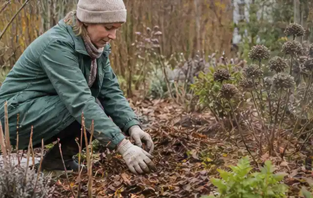 Person verteilt eine schützende Mulchschicht zwischen winterlichen Stauden; Thema Hornissen, Schwerpunkt Saison; Ergebnis.