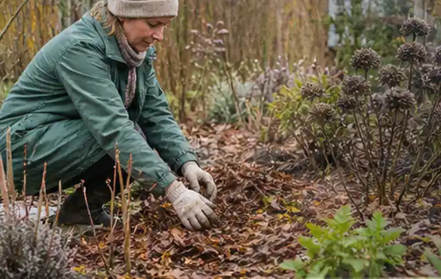 Person verteilt eine schützende Mulchschicht zwischen winterlichen Stauden; Thema Hornissen, Schwerpunkt Schadbild; Umsetzung.