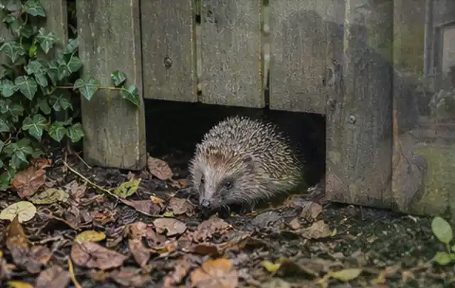 Igel nutzt einen bodennahen Durchgang unter einem hölzernen Gartenzaun; Thema Hornissen, Schwerpunkt Schadbild; Ergebnis.
